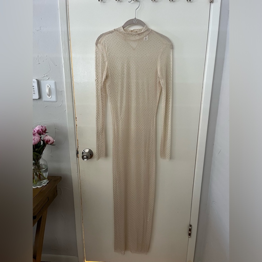 Sheer long sleeve nude rhinestone dress